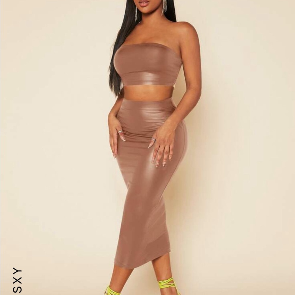 NWT SHEIN SXY PU Leather Crop Tube Top & Pencil Skirt (Apricot )Size: L